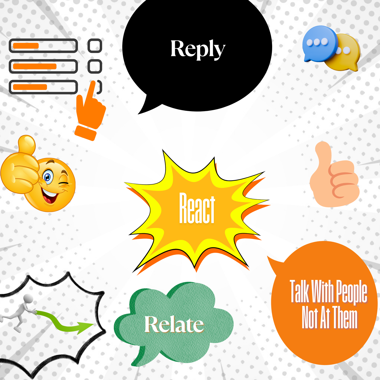Comic-style chat bubbles, emojis, and polls illustrating real-time social engagement for Nigerian brands.