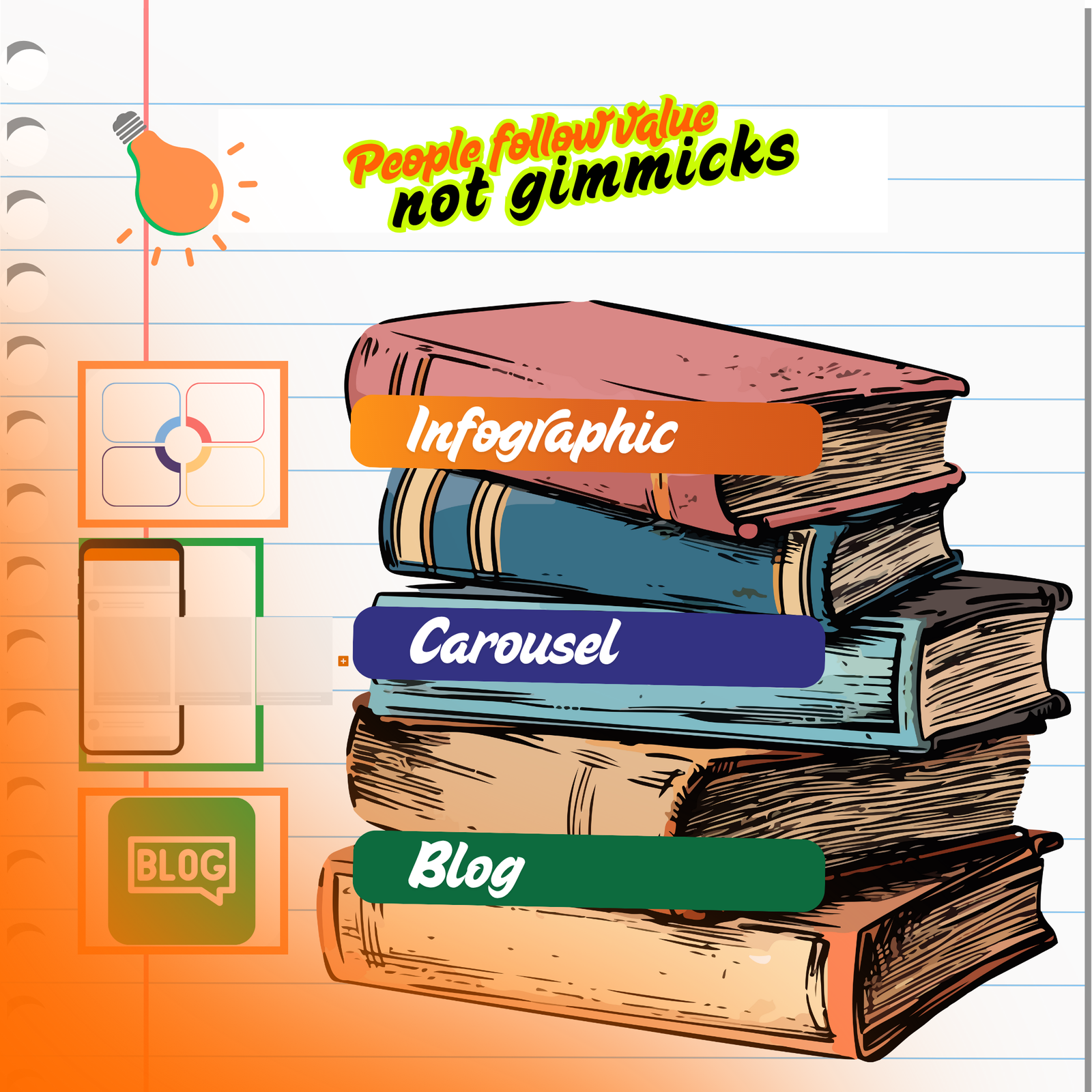 Stack of digital content formats like blog posts, carousels, and infographics promoting original content for Nigerian business growth.